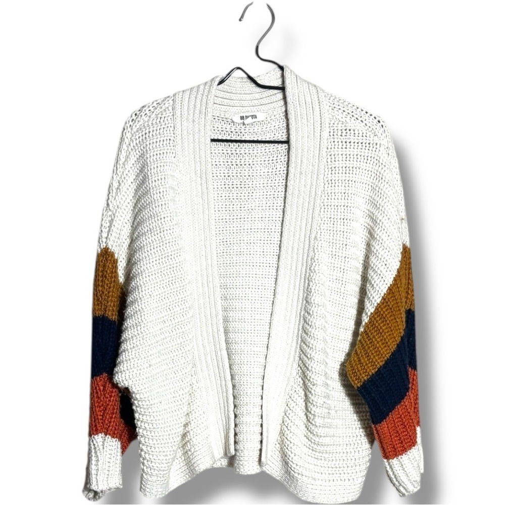 BB Dakota Cream/Navy/Orange Dolman Sleeve Open Front Women's Relaxed Cardigan - Picture 12 of 16
